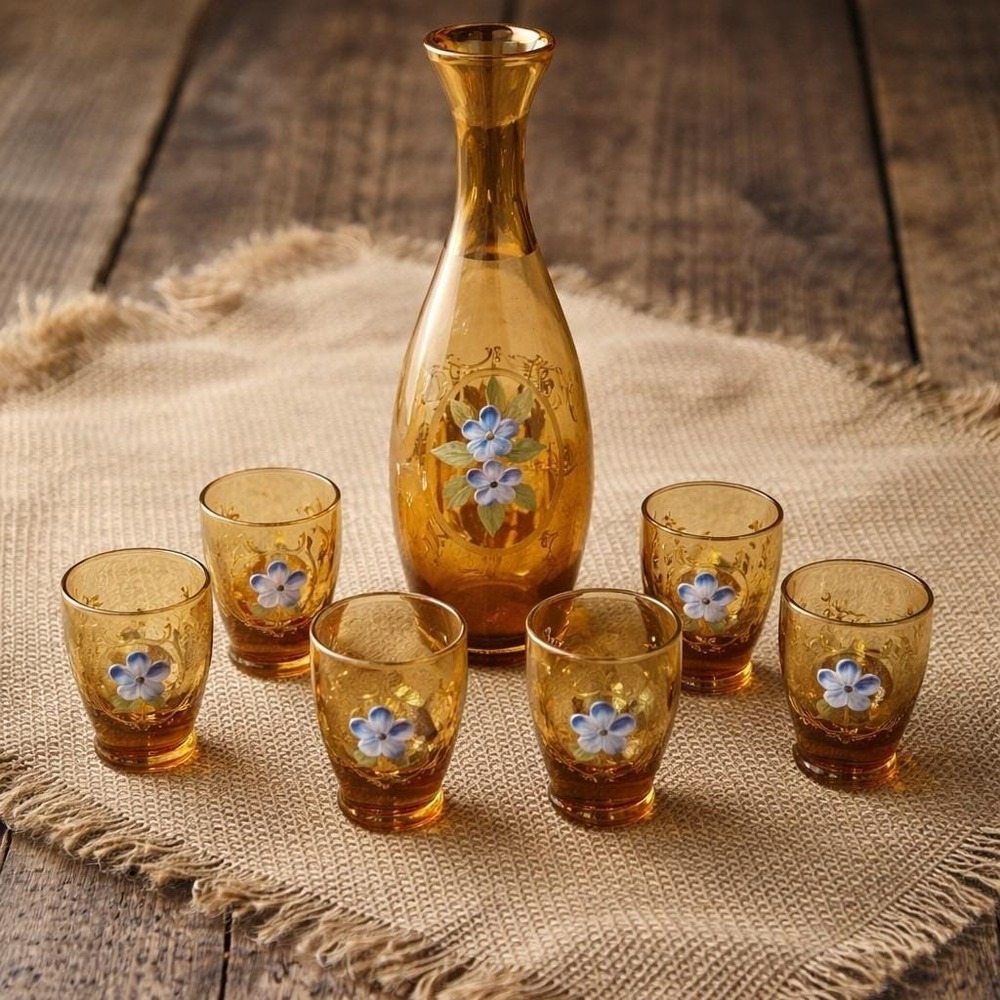 Italian Venetian Murano Amber Glass Painted 3D Enamel Flowers Decanter Shots Set